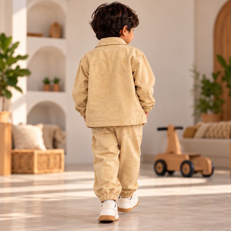 Beige Corduroy Jacket, Graphic T-Shirt & Jogger Set for Boys | Stylish Kids Outfit