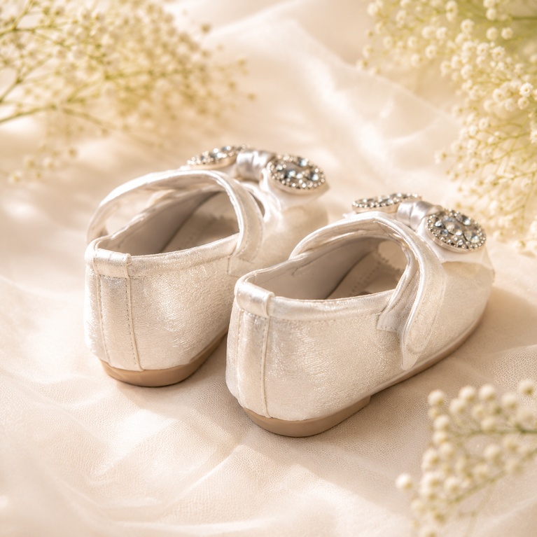 Girls' Pearl White Party Ballet Flats with Rhinestone Bow &amp; Adjustable Strap