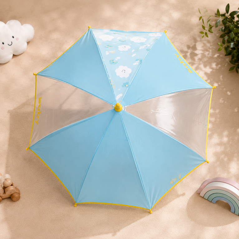 Kids Transparent Dome Umbrella with Cute Cloud Print | Blue &amp; Yellow Rain Umbrella
