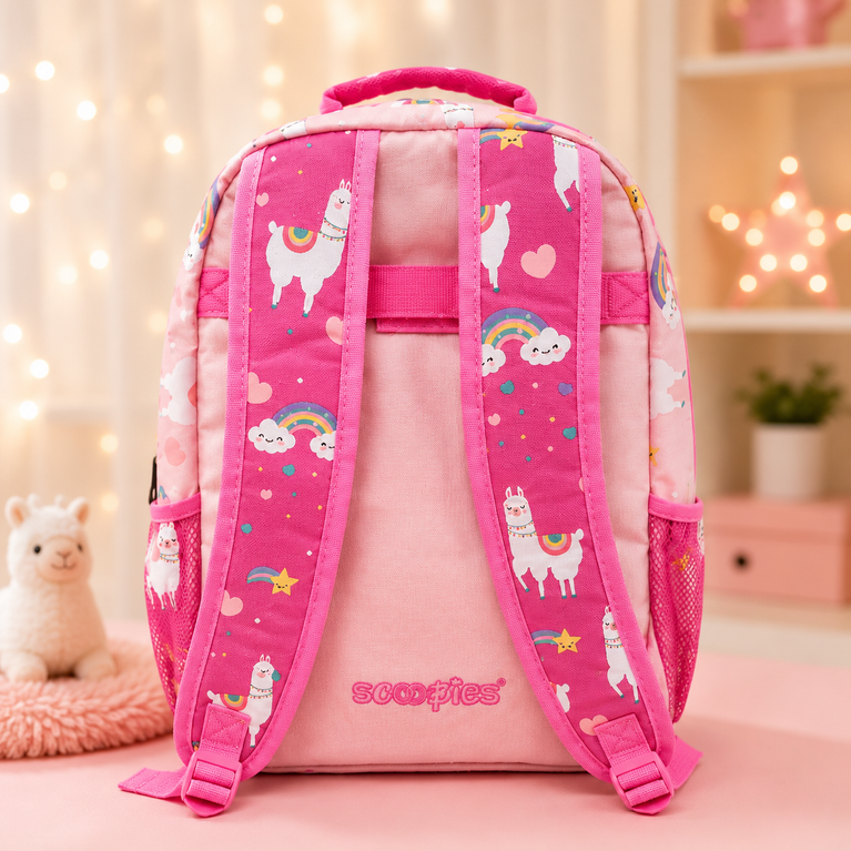 SCOOBIES Llama &amp; Rainbow Print Kids School Backpack with Padded Straps &amp; Side Mesh Pockets | Pink