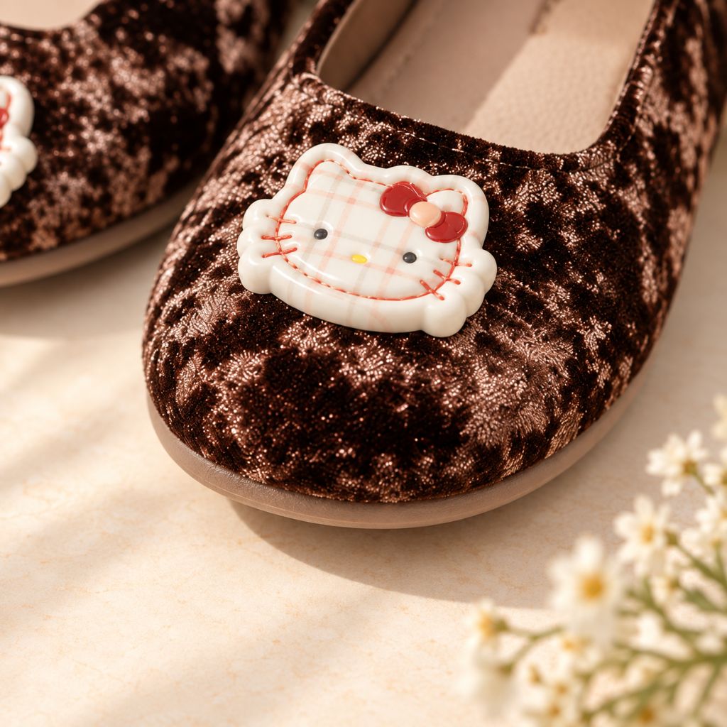 Girls' Velvet Ballerina Shoes with Bow, Cute Cartoon Embellishment and Adjustable Strap, Mary Jane Style