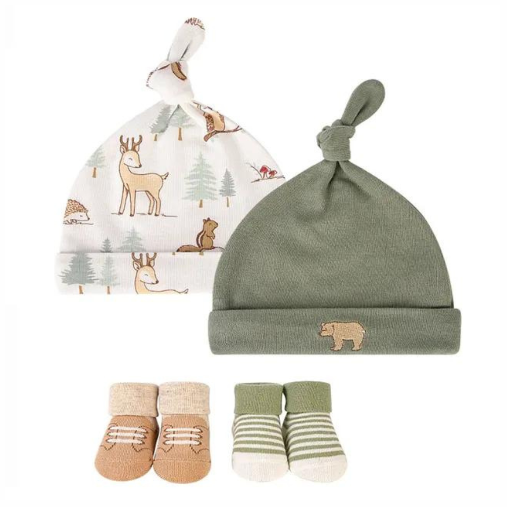 LH-HUDSON BABY CAP WITH SOCKS FOREST ANIMAL