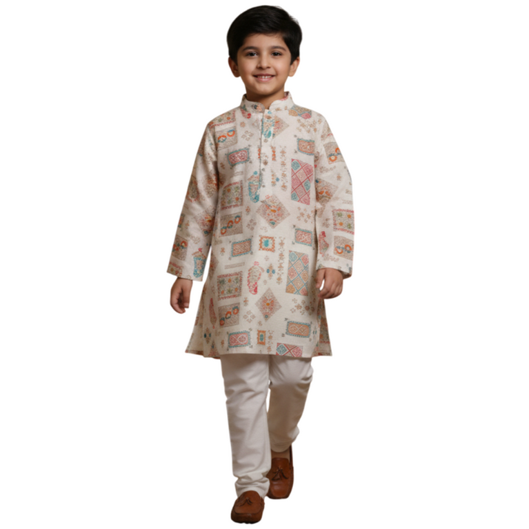 NINOS Boys Off-White Multi-Color Printed Kurta Pajama Set – Festive & Ethnic Wear for Kids