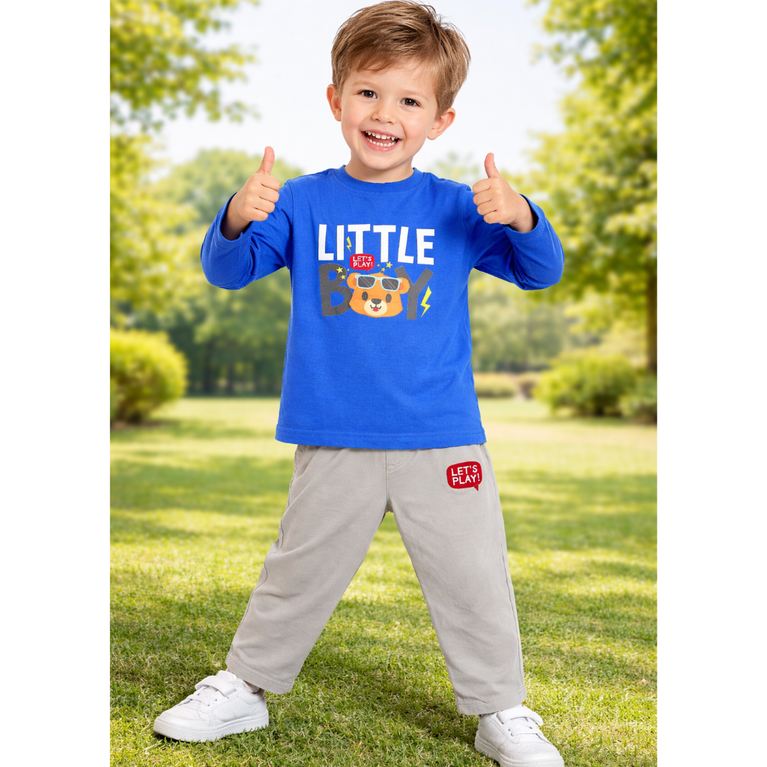 Ninos 100% Cotton Knit Full Sleeves " Little Boy " Printed T-shirt and Pant Set for boys