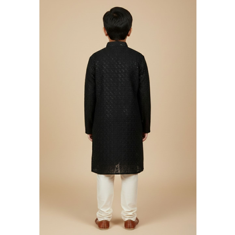 Boys Black Embroidered Chikankari Kurta with Cream Pajama Set - 2 Piece Festive Ethnic Outfit