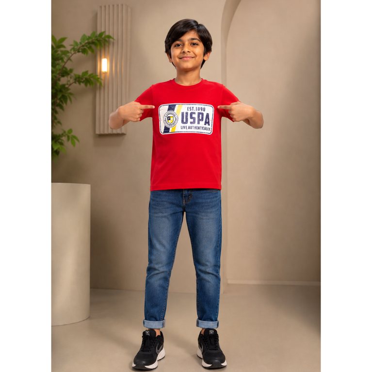 U.S POLO Kids Cotton Knit Half Sleeves Crew Neck T-Shirt with USPA Text Print , 2-11 years