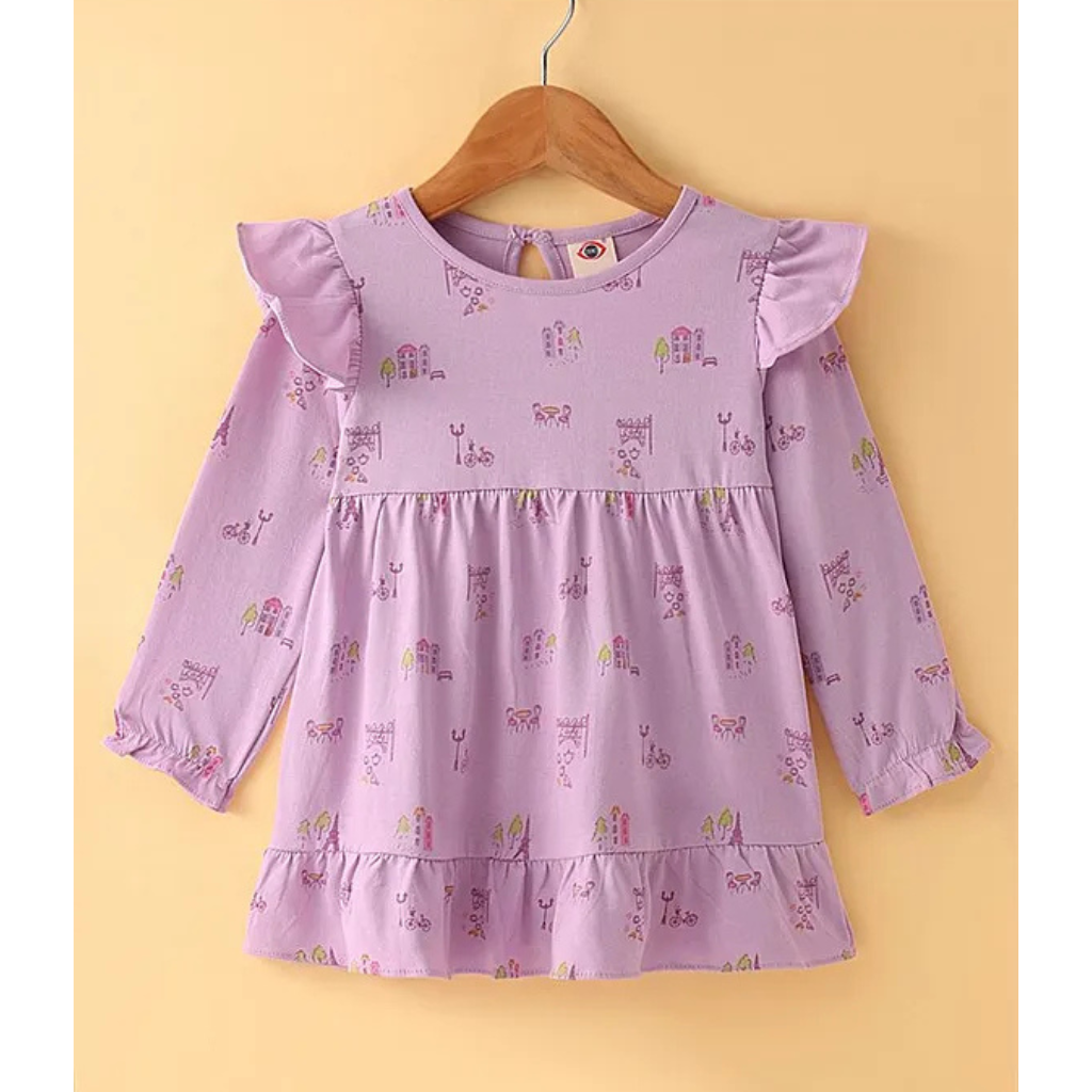 Zero Sinker Knit Full Sleeves Floral Printed Frock with Frill Detailing