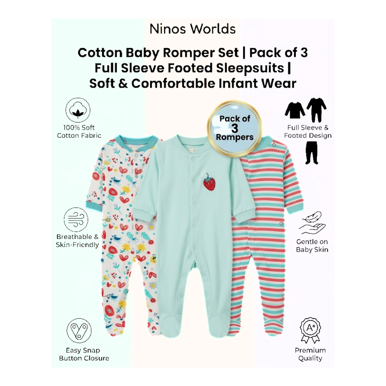 Ninos Worlds Interlock Knit Full Sleeves Footed Sleep Suits With Print & Patch Pack of 3 - Multicolor