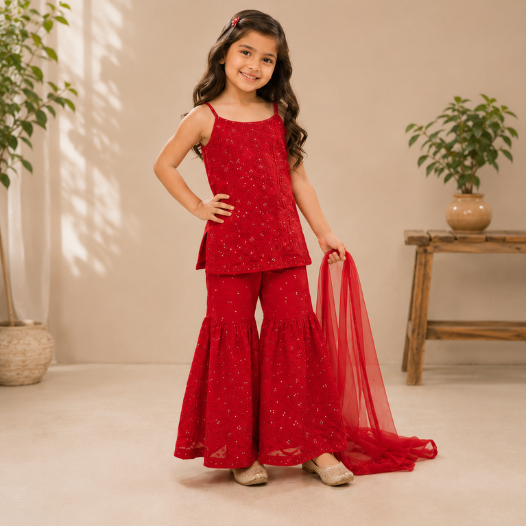 Embroidered Sharara Set with Soft Dupatta | Ethnic Party Wear | Festive Outfit for Kids