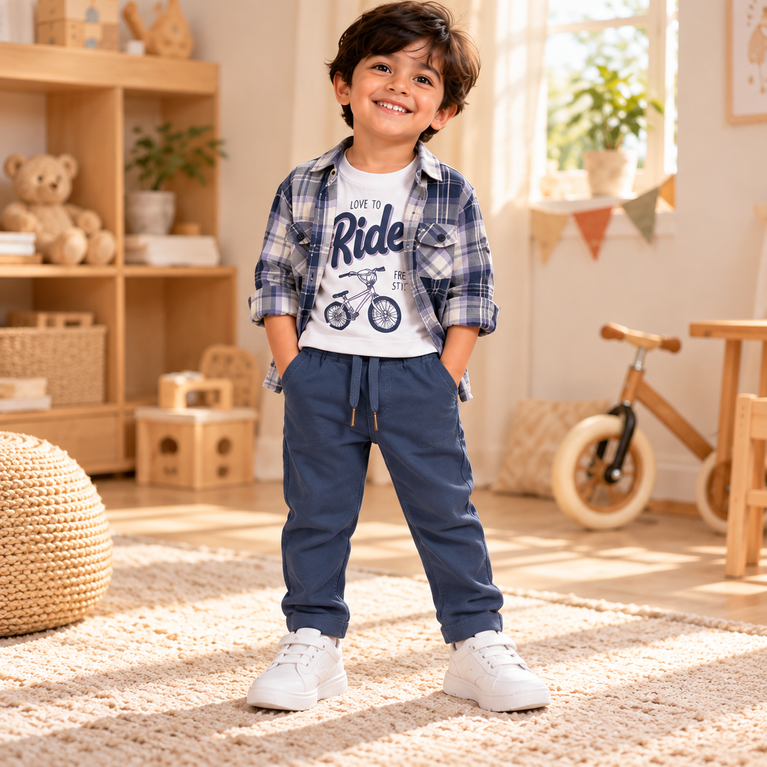 Navy Blue Plaid Shirt, Graphic T-Shirt & Jogger Pants Set for Boys | Kids Casual Outfit