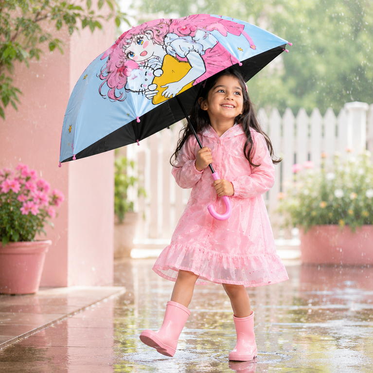 Kids Cartoon Print Umbrella with Pink Handle | Cute Rain Umbrella