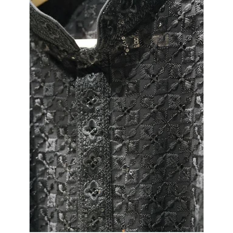 Boys Black Embroidered Chikankari Kurta with Cream Pajama Set - 2 Piece Festive Ethnic Outfit