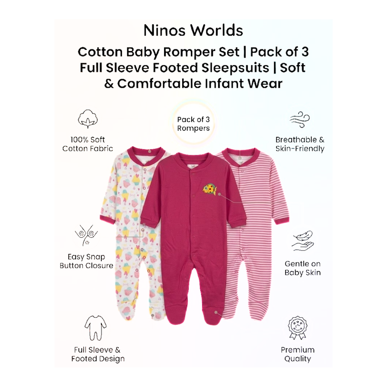 Ninos Worlds Interlock Knit Full Sleeves Footed Sleep Suits With Print & Patch Pack of 3 - Multicolor