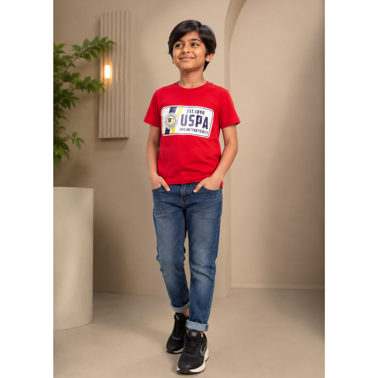 U.S POLO Kids Cotton Knit Half Sleeves Crew Neck T-Shirt with USPA Text Print , 2-11 years