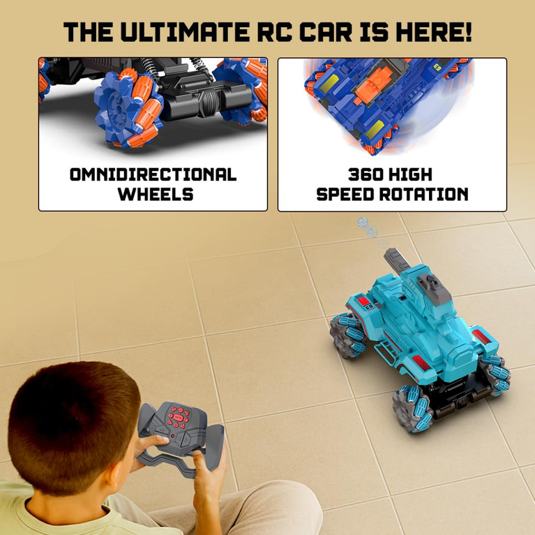 Mirana Drifter Tank Bullet Shooter 4WD 4x4 RC Car Toy for Kids - Remote & App Controlled Vehicle - 360 Rotation & Omnidirection Wheels - Type-C USB Rechargeable