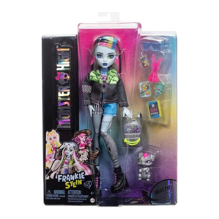 Monster High Frankie Stein Doll in Denim Jacket and Shorts, Includes Pet Dog Watzie and Accessories Like a Backpack, Snack and Notebook