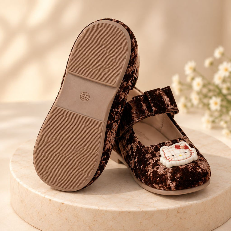 Girls' Velvet Ballerina Shoes with Bow, Cute Cartoon Embellishment and Adjustable Strap, Mary Jane Style