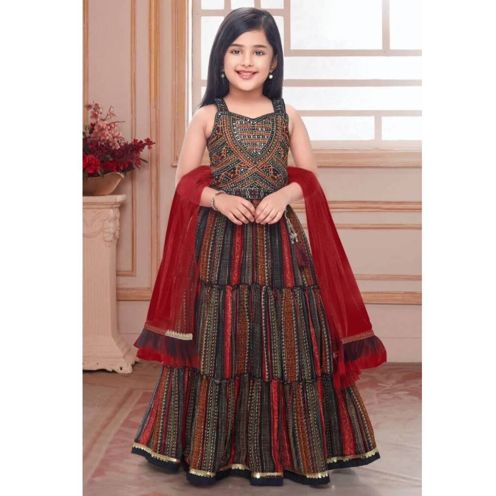 Navy Blue with Multicolor Print, Mirror, Zari, Stone and Thread work Lehenga Choli for Girls