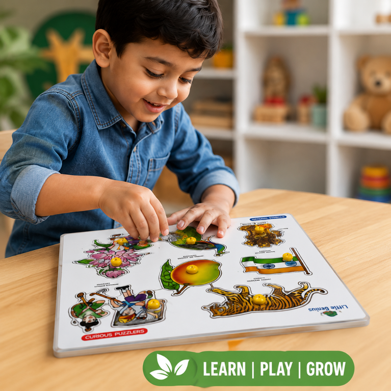 India National Symbols Wooden Puzzle Board for Kids | Educational Learning Toy for Preschool & Kindergarten
