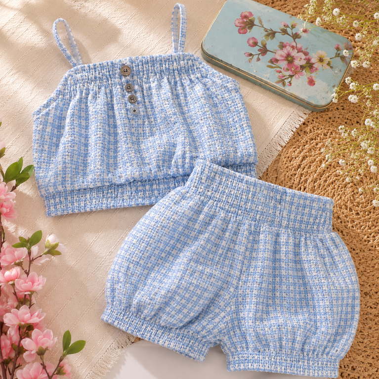Sky Blue Smocked Crop Top & Elastic Waist Shorts Co-Ord Set