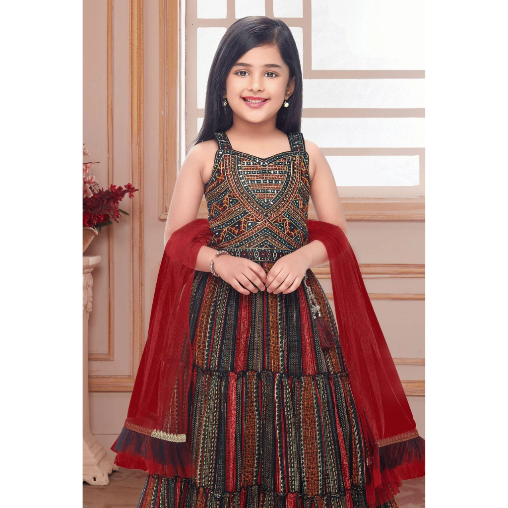 Navy Blue with Multicolor Print, Mirror, Zari, Stone and Thread work Lehenga Choli for Girls