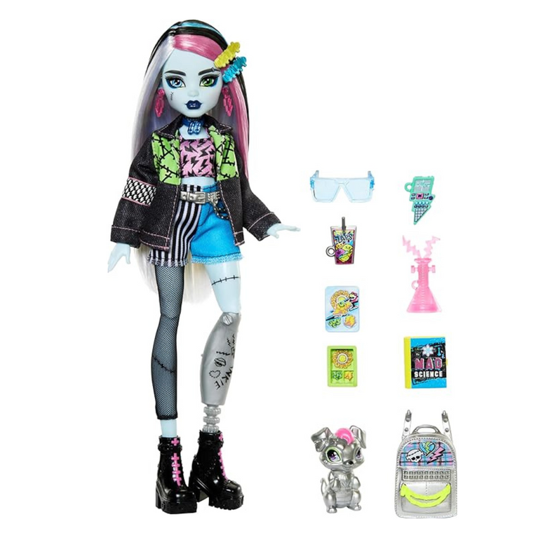 Monster High Frankie Stein Doll in Denim Jacket and Shorts, Includes Pet Dog Watzie and Accessories Like a Backpack, Snack and Notebook