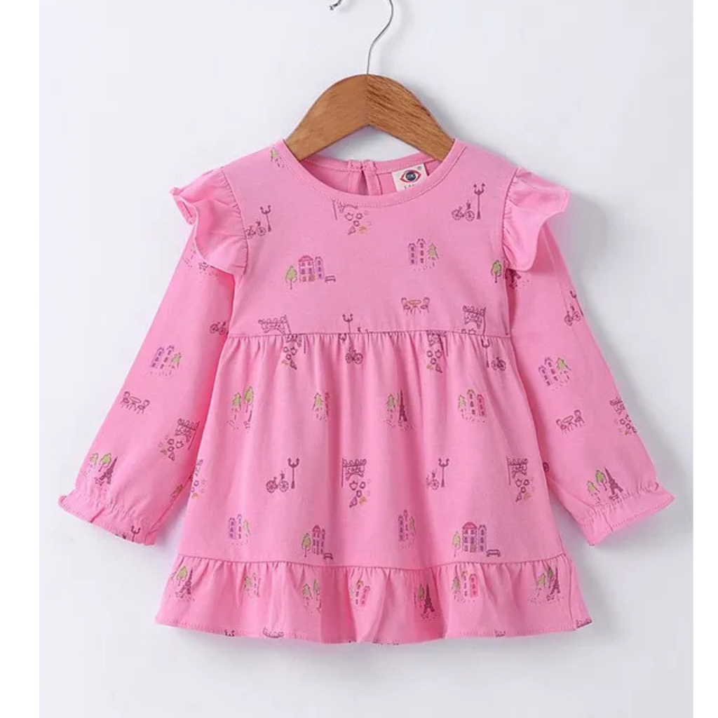 Zero Sinker Knit Full Sleeves Floral Printed Frock with Frill Detailing