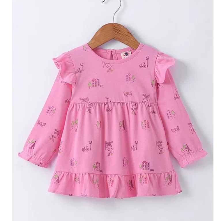 Zero Sinker Knit Full Sleeves Floral Printed Frock with Frill Detailing