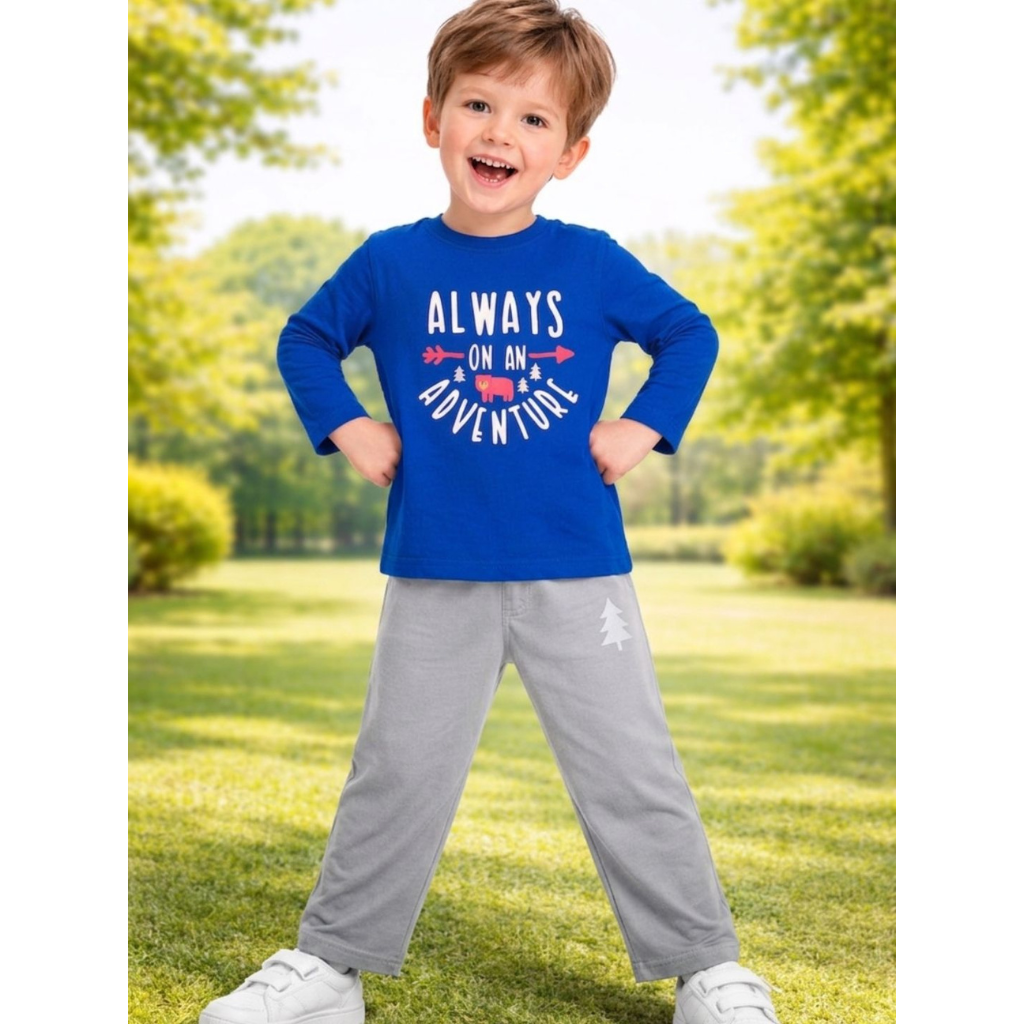 Ninos 100% Cotton Knit Full Sleeves "ALWAYS ON AN ADVENTURE" Printed T-shirt and Pant Set for Boys