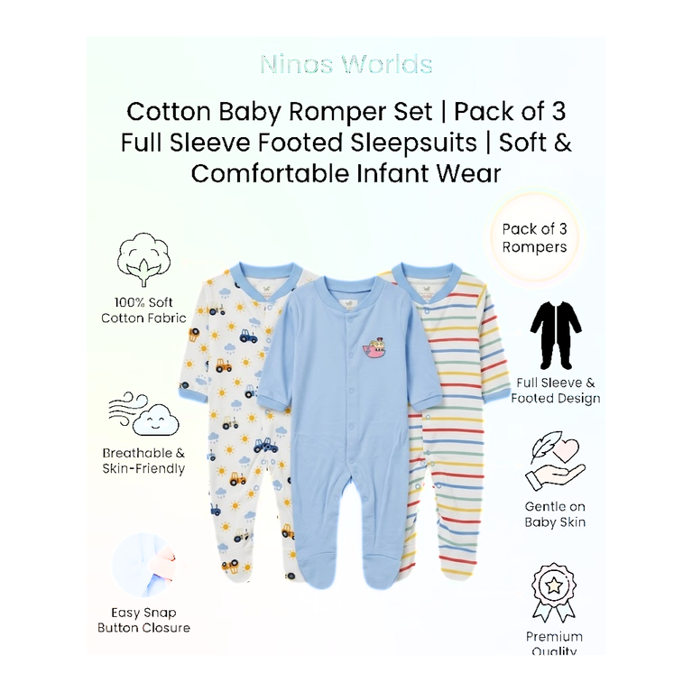 Ninos Worlds Interlock Knit Full Sleeves Footed Sleep Suits With Print & Patch Pack of 3 - Multicolor