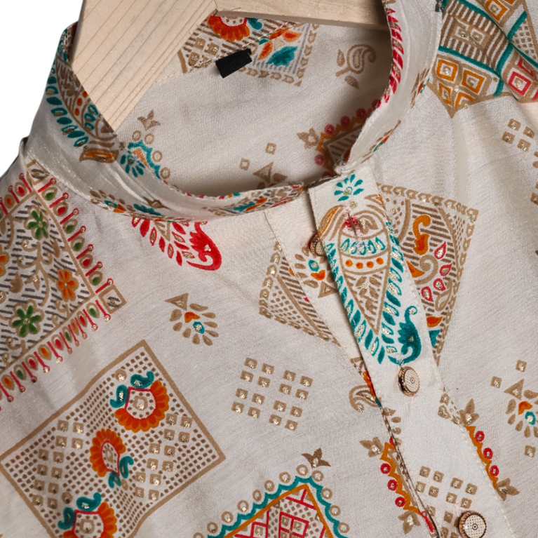NINOS Boys Off-White Multi-Color Printed Kurta Pajama Set – Festive & Ethnic Wear for Kids