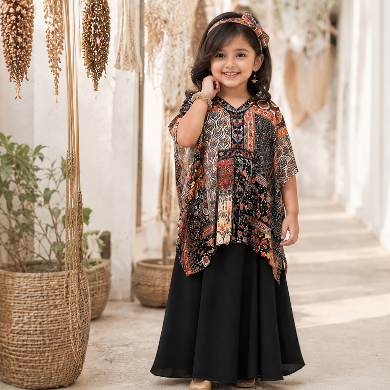 Black Multi-Print Boho Kaftan Top with Black Palazzo Set | Ethnic Wear for Kids | Comfortable Party &amp; Festive Outfit
