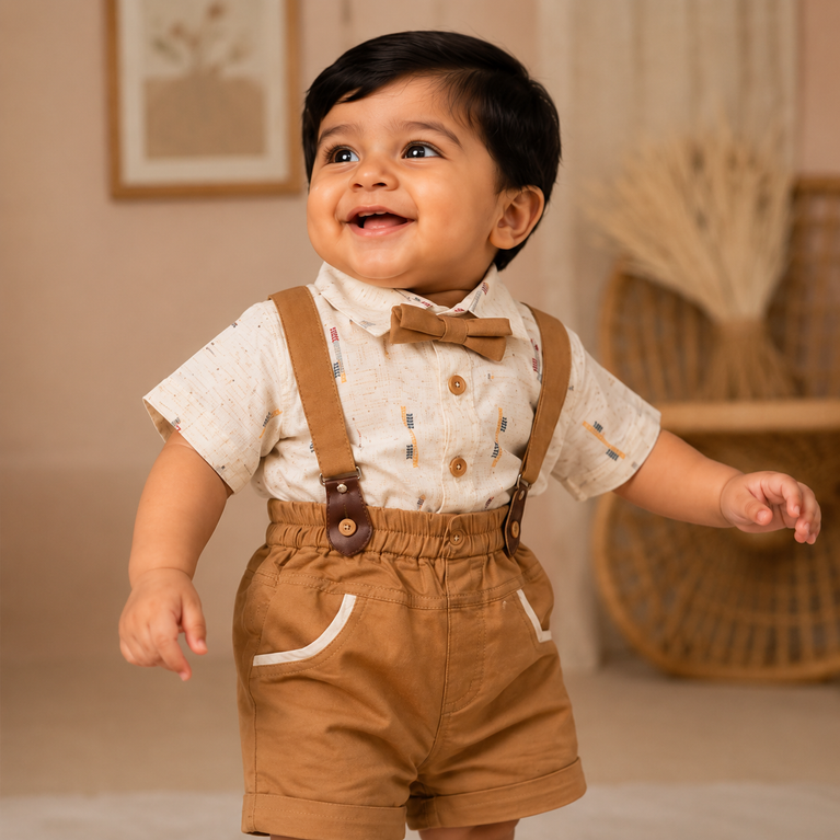 Baby Boys Gentleman Suspender Shorts Set with Bow Tie & Printed Shirt | Premium Infant Party Wear Outfit