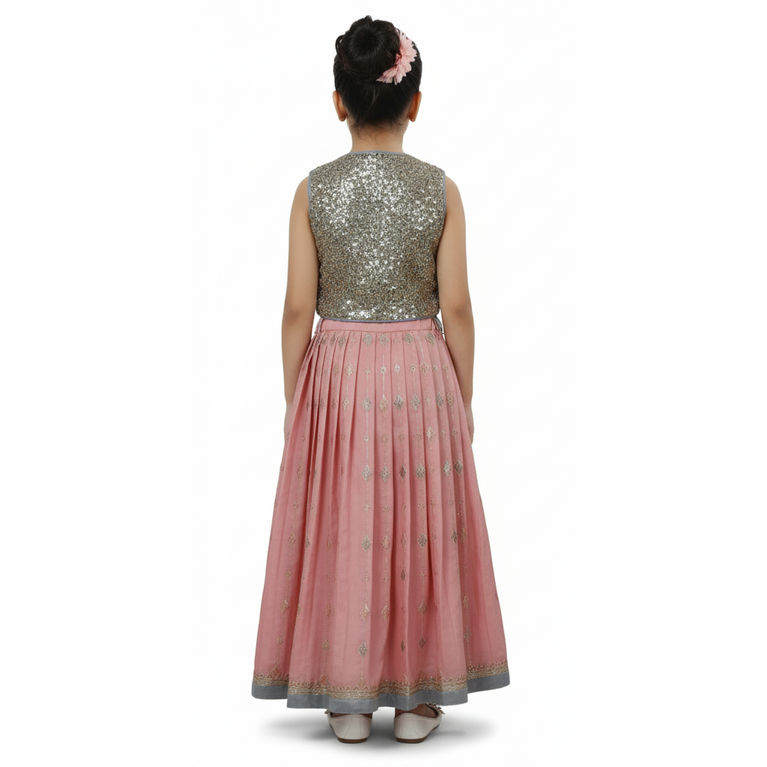 DIVA Girls Silver Sequin Crop Top & Dusty Pink Lehenga Set – Festive & Party Wear