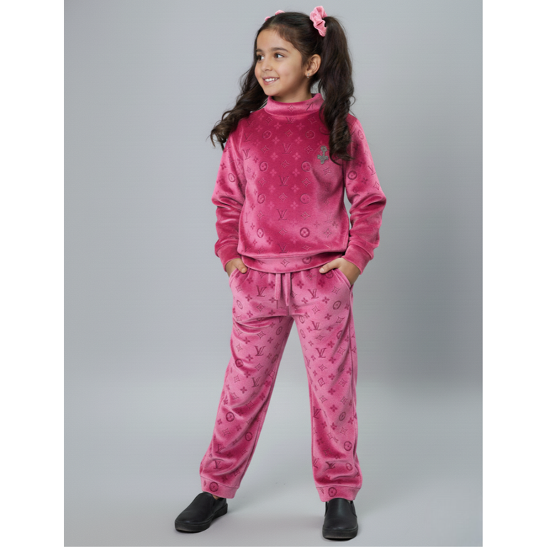 Girlyy - Kids' Full Sleeves Luxury Monogram Velvet Tracksuit – Velour Crewneck Sweatshirt and Joggers Set