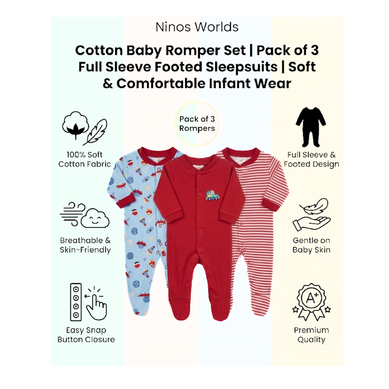 Ninos Worlds Interlock Knit Full Sleeves Footed Sleep Suits With Print & Patch Pack of 3 - Multicolor