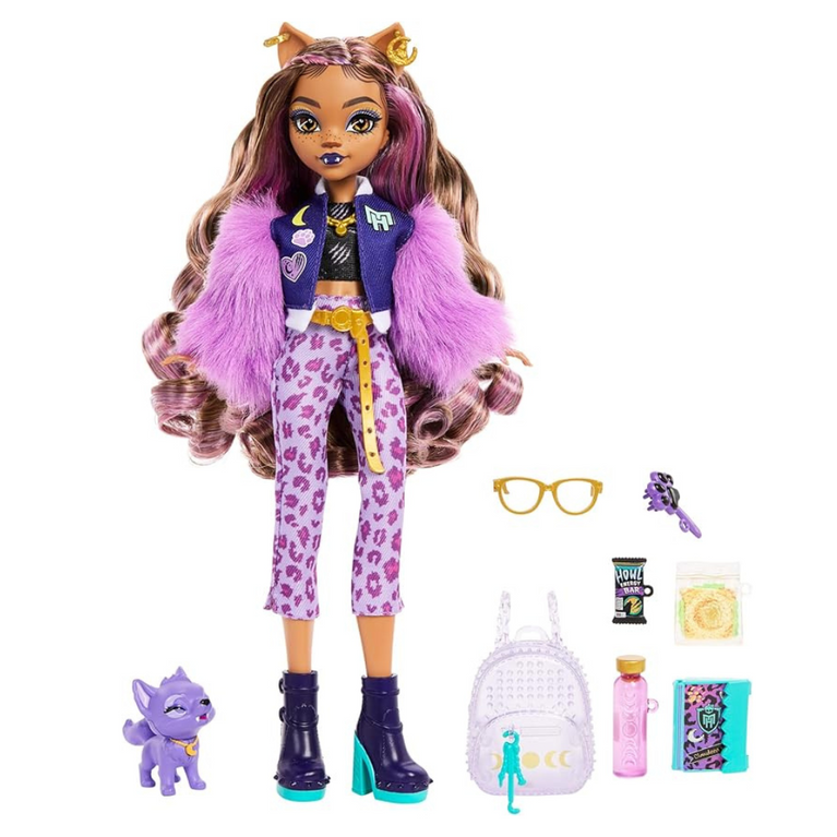 Monster High Clawdeen Wolf Doll with Pet Dog Crescent & Accessories Like Backpack, Planner, Snacks & More