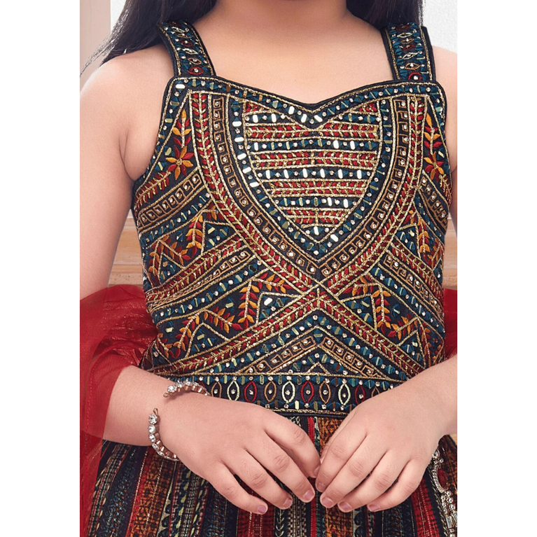 Navy Blue with Multicolor Print, Mirror, Zari, Stone and Thread work Lehenga Choli for Girls