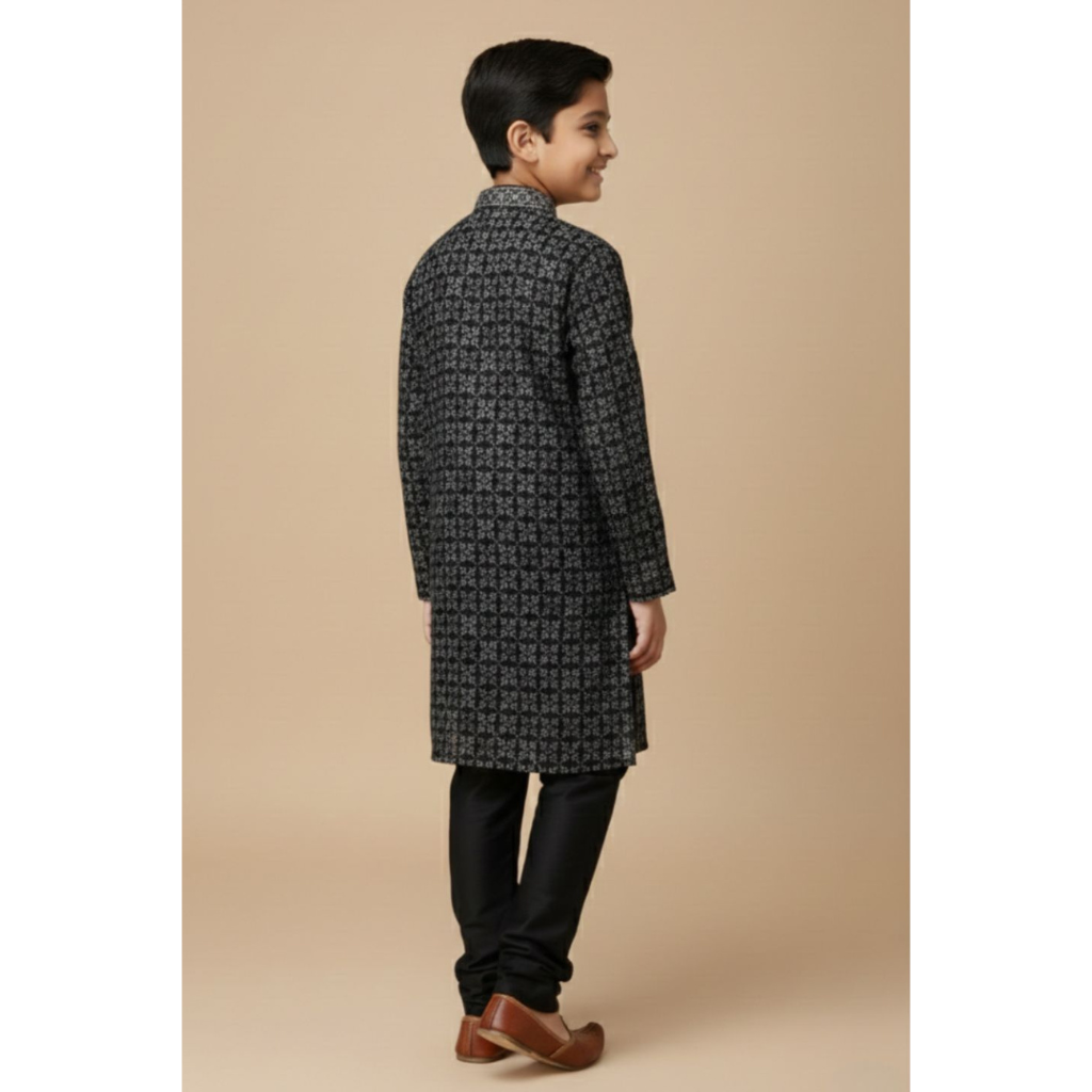 Boys Ethnic Wear Set - Black Toned Printed Kurta with Straight Fit Pajamas