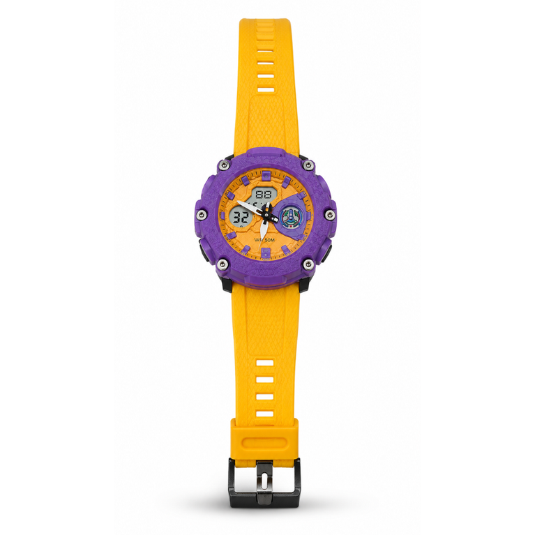 Kids Dual Display Sports Watch – 50M Water Resistant Analog & Digital Shockproof Watch with LED Light, Alarm, Stopwatch & Date Display (Yellow & Purple)