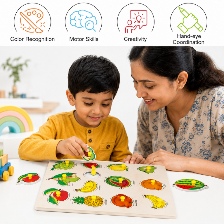 Wooden Fruits Puzzle Board for Kids | Montessori Fruit Recognition & Early Learning Educational Toy
