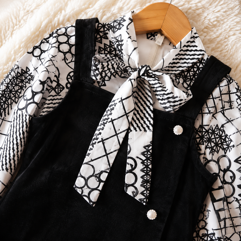 Black Pinafore Dress with Printed Bow Shirt & Matching Sling Bag | Stylish Kids Outfit