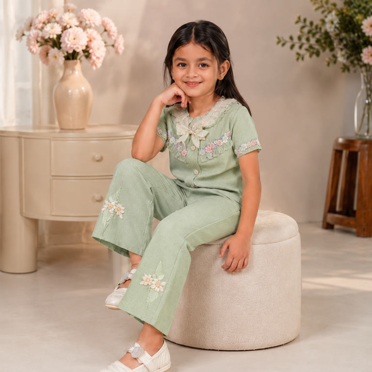 Elegant Sage Green Floral Co-ord Set for Girls