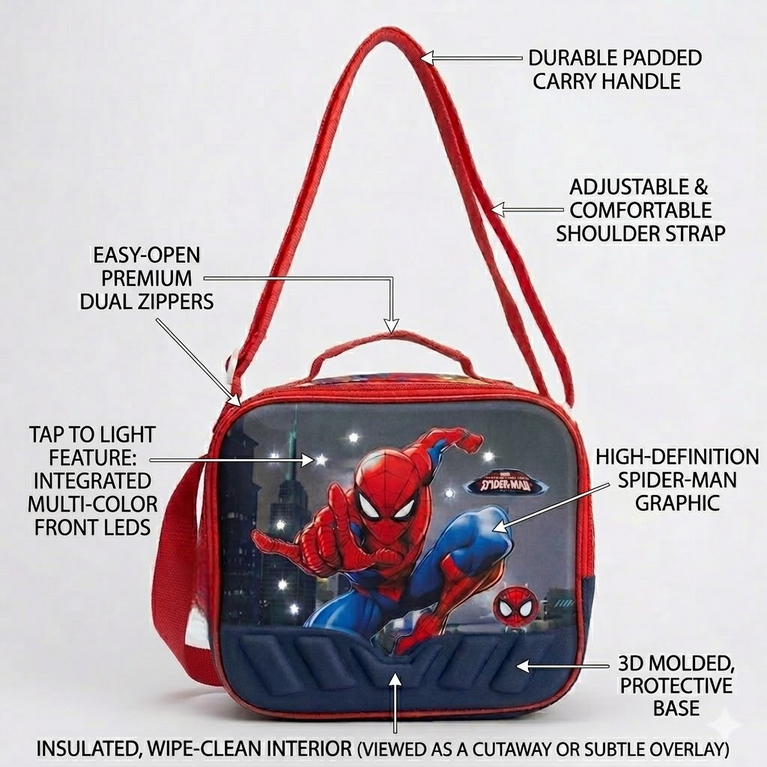 Kids Superhero Spiderman Insulated Lunch Bag with Adjustable Shoulder Straps