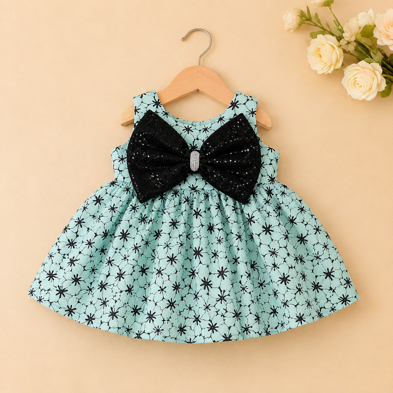 Mint Green Floral Party Dress with Black Sequin Bow | Kids Festive & Birthday Dress