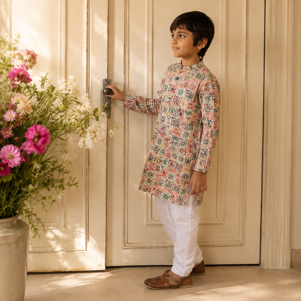 Multicolor Patchwork Print Mandarin Collar Kurta with Denim Pants Set