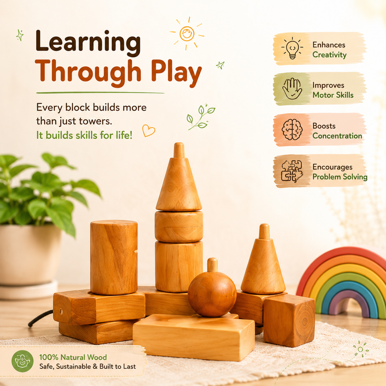 Premium Wooden Building Blocks Pull Cart Toy for Kids | Natural Montessori Learning Toy