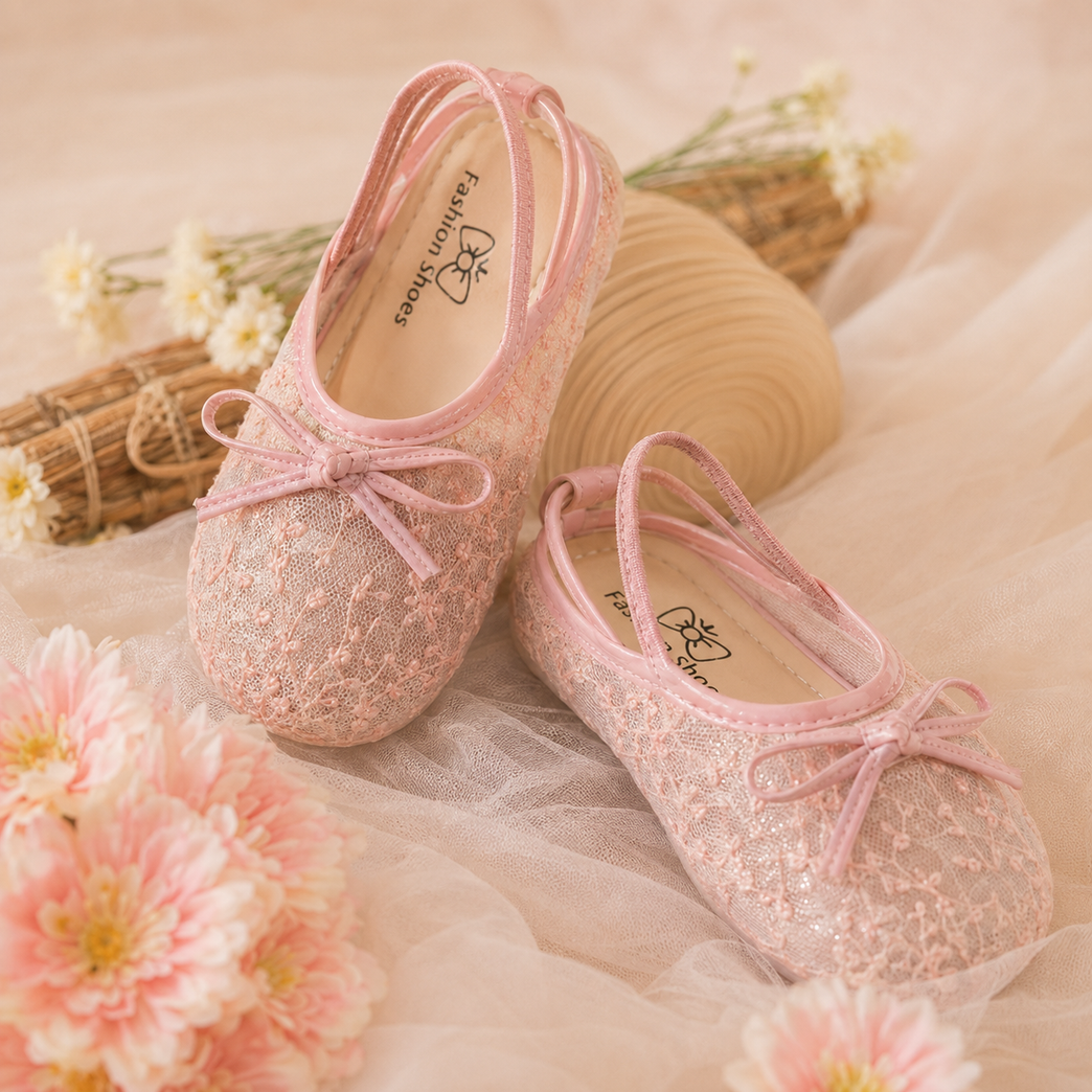 Girls' Blush Pink Lace Ballet Flats with Bow | Lightweight Party &amp; Casual Shoes