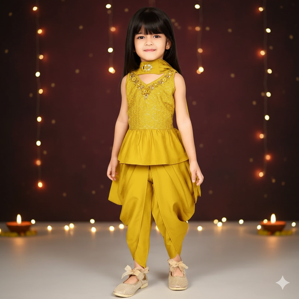 Ethnic Printed Low to High Kurta with Dhoti Pant & Dupatta Set for Girls
