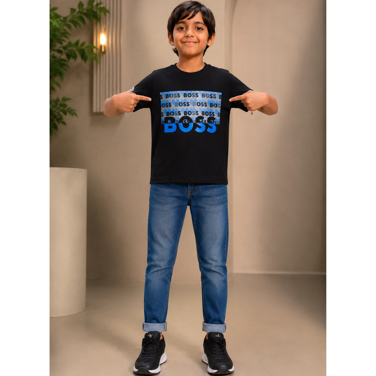 BOSS- Kids Cotton Knit Half Sleeves Crew Neck T-Shirt with Boss Text Print , 2-11 years